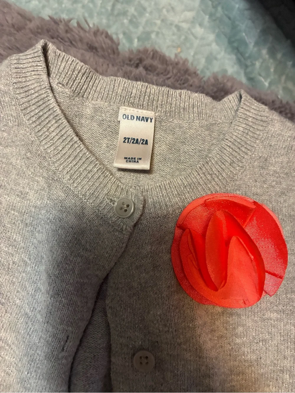 Old Navy Gray Cardigan with Coral Flower Pin